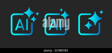 A set of three blue Generative AI icons with a star and a square frame on a dark background. Stock Vector