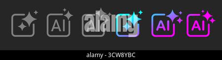 A set of six gray and colored Generative AI icons with a star and a square frame on a dark background. Stock Vector