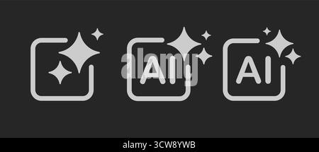 A set of three Generative AI icons with a star and a square frame on a dark background. Stock Vector