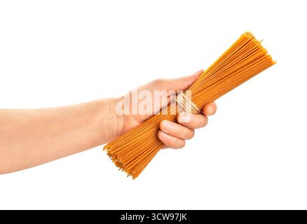 brown integrale spaghetti in hand path isolated on white Stock Photo