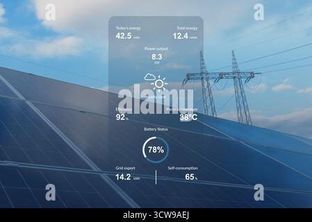 Smart monitoring interface overlay on solar panels showing live renewable energy production data Stock Photo