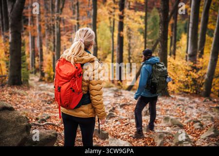 Autumn hiking. Two hikers is walking in forest. Couple with backpacks trekking together in woodland Stock Photo