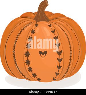Festive patterned pumpkin with brown decoration, color fall vector clipart Stock Vector