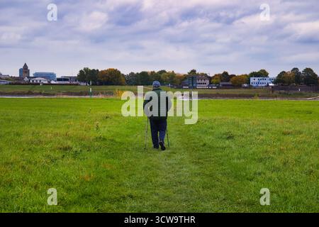 Man walking with trekking poles on green meadow near river, active senior enjoying nature walk outdoors, healthy lifestyle and outdoor recreation in a Stock Photo