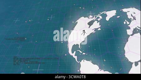 Displaying digital globe showing Americas on virtual teal grid with hex mesh, floating data points Stock Photo
