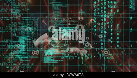 Holding smartphone user wearing dark coat viewing network in digital realm, with code streams Stock Photo
