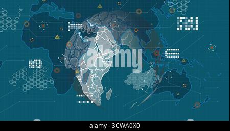 Displaying stylized world map on digital dashboard, with hexagon clusters and target markers Stock Photo