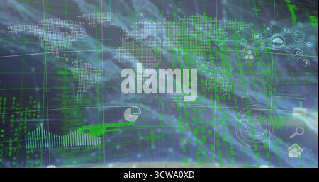Displaying dotted world map streaming green code across virtual dashboard, with pie chart icon Stock Photo