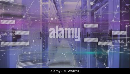 Displaying server cabinets lining data corridor with raised floor, cable trays and digital overlay Stock Photo