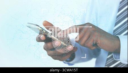 Verifying hands in shirt scanning fingerprint icon on smartphone in office, with network overlay Stock Photo