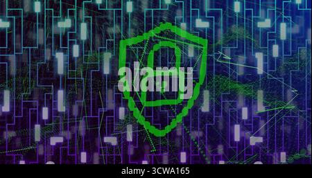 Pulsing green shield padlock icon protecting virtual data grid, with network lines and data nodes Stock Photo