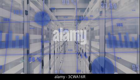 Streaming blue data visualizations hovering above server racks inside data center with floor tiles Stock Photo