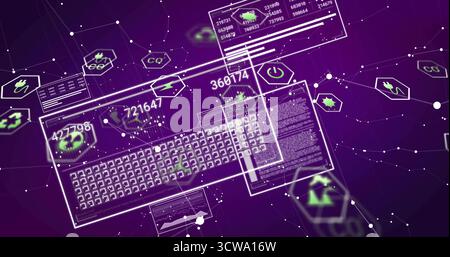 Displaying translucent keyboard panel floating over purple network with stats, code, hex icons Stock Photo