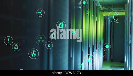 Server racks lining tech corridor between cable trays and floor, with floating sustainability icons Stock Photo