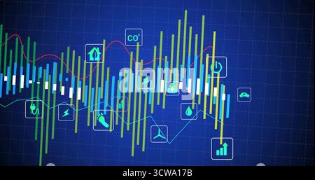 Digital energy chart displaying multicolor bars and trend lines on dashboard with neon energy icons Stock Photo