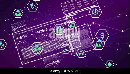 Displaying transparent keyboard overlaying purple network mesh with panels and hexagon icons Stock Photo