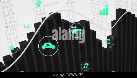 Displaying black bar chart with gray curved line overlay on white with gray text, green icons Stock Photo