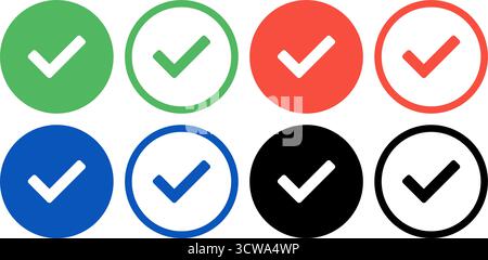 A set of vector checkbox icons in green, red, blue and black with each color showing one filled and one outlined style Stock Vector
