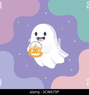 Cute ghost holding pumpkin lantern, Halloween themed flat vector illustration Stock Vector