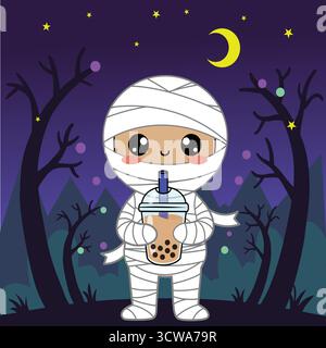 Cute mummy character holding bubble tea under starry night sky, Halloween themed flat vector illustration Stock Vector