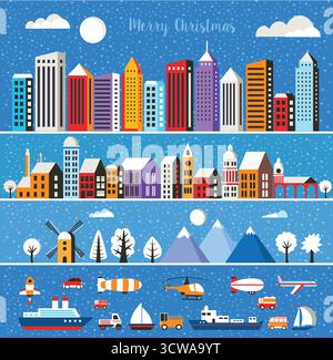 Set of houses and objects Christmas winter landscape flat city xmas backdrop urban building for holiday and design Stock Vector
