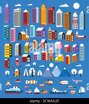 Set of houses and objects Christmas winter landscape flat city xmas backdrop urban building for holiday and design Stock Vector