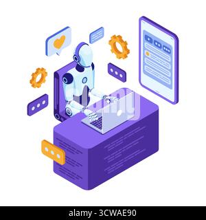 Isometric AI Customer Support Robot Assisting User via Mobile and Desktop Interface. AI Artificial Intelligence Customer Support Stock Vector