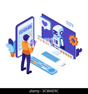 Isometric AI Powered Customer Support Interaction with User. AI Customer Support Concept Stock Vector