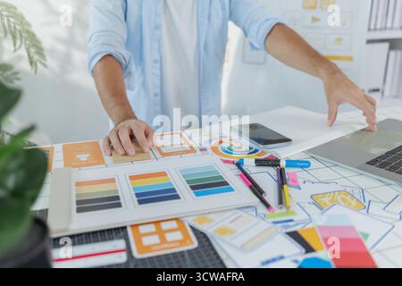 A creative designer works on UX/UI planning, analyzing sketches and prototypes on a whiteboard while using a laptop. The process shows design thinking Stock Photo