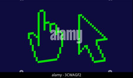 Two pixel art 3d green simbols - arrow and gesture. Stock Vector