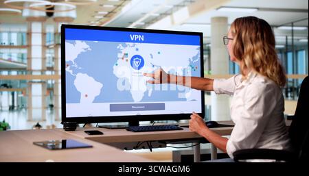 Secure VPN Access Map. Cyber Security For Privacy On Computer Stock Photo