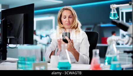 Woman Looking At Cell Phone, Texting, Viewing Document Stock Photo