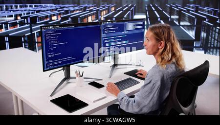 Cloud Computer Engineer Coding In Server Room In Data Center. Configuring AI Technology Stock Photo