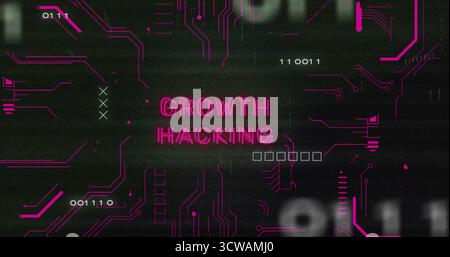 Showing neon pink GROWTH HACKING text on circuit board, with magenta traces, binary code Stock Photo