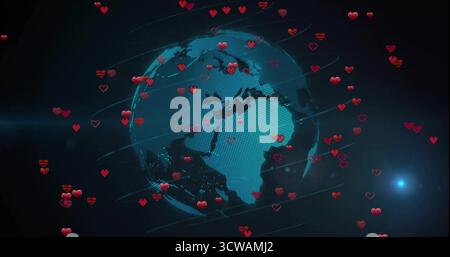 Showing digital globe spinning in dark virtual space, with red hearts, light streaks, lens flare Stock Photo