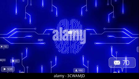 Displaying fingerprint circuit emitting neon-blue paths on digital network, with notification icons Stock Photo