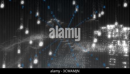 Streaming central data cluster forming in dark grid, with binary digits and blue numbers flowing Stock Photo