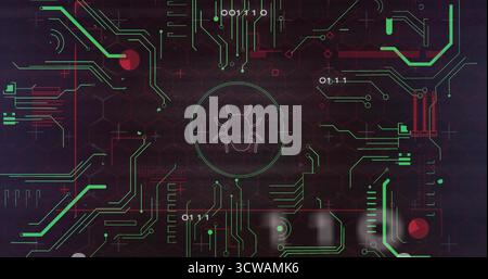 Displaying bug icon in circle on dashboard, showing binary digits neon-green and red circuit traces Stock Photo