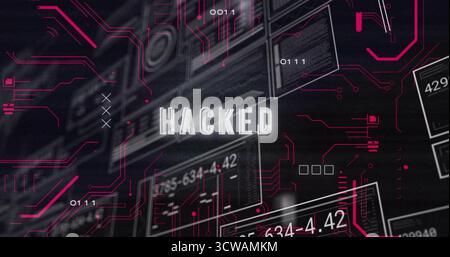 Displaying HACKED centered on interface, with code panels binary digits and magenta circuit traces Stock Photo