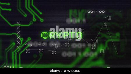 Showing green CRYPTO text on dark interface with neon circuits, graph markers, labels, binary text Stock Photo