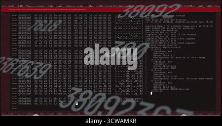 Displaying terminal with red border in office, showing hex dump, network scan and watermarks 380092 Stock Photo