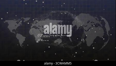 Displaying dotted world map on dark blue grid with globe, network lines, markers and code snippets Stock Photo