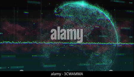 Glowing dot-matrix globe pulsing in digital interface, with waveform, glitch bars and data cloud Stock Photo