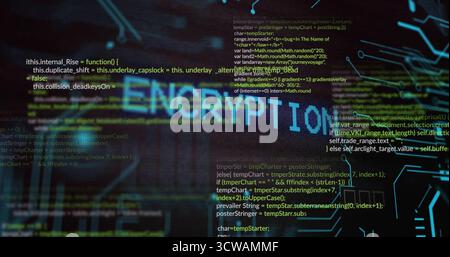 Displaying glowing ENCRYPTION text over scrolling code on virtual dashboard, with circuit graphics Stock Photo
