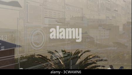Displaying interface panels overlaying office view with charts gauges displays buildings and palms Stock Photo