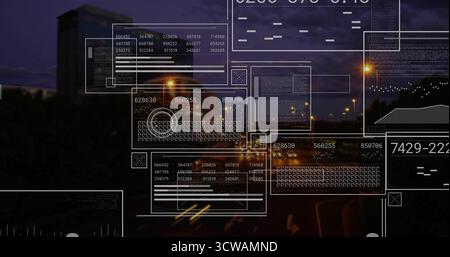 Floating translucent HUD panels over dusk city street, showing numeric graphs and data elements Stock Photo