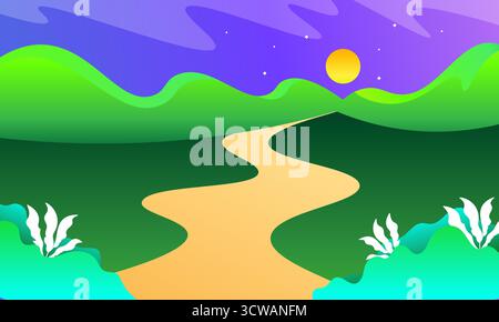 Beautiful Landscape Illustration with Road Leading to Green Hills, Bright Sky and Sunrise in Colorful Gradient Style Stock Vector