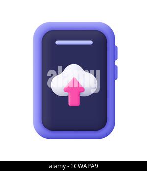 Smartphone with cloud and pink upload arrow on screen. Data upload, cloud storage, synchronization, online backup and cloud computing concept. 3d vect Stock Vector