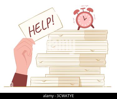 Businessman Hand Holding Up a Piece of Paper Asking for Help and Stack of Lot of Document Files for Overload Working and Overburdened Concept Clip Art Stock Vector