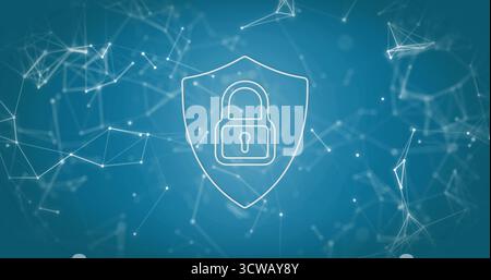 Showcasing padlock inside shield floating on blue gradient backdrop, with network lines and nodes Stock Photo